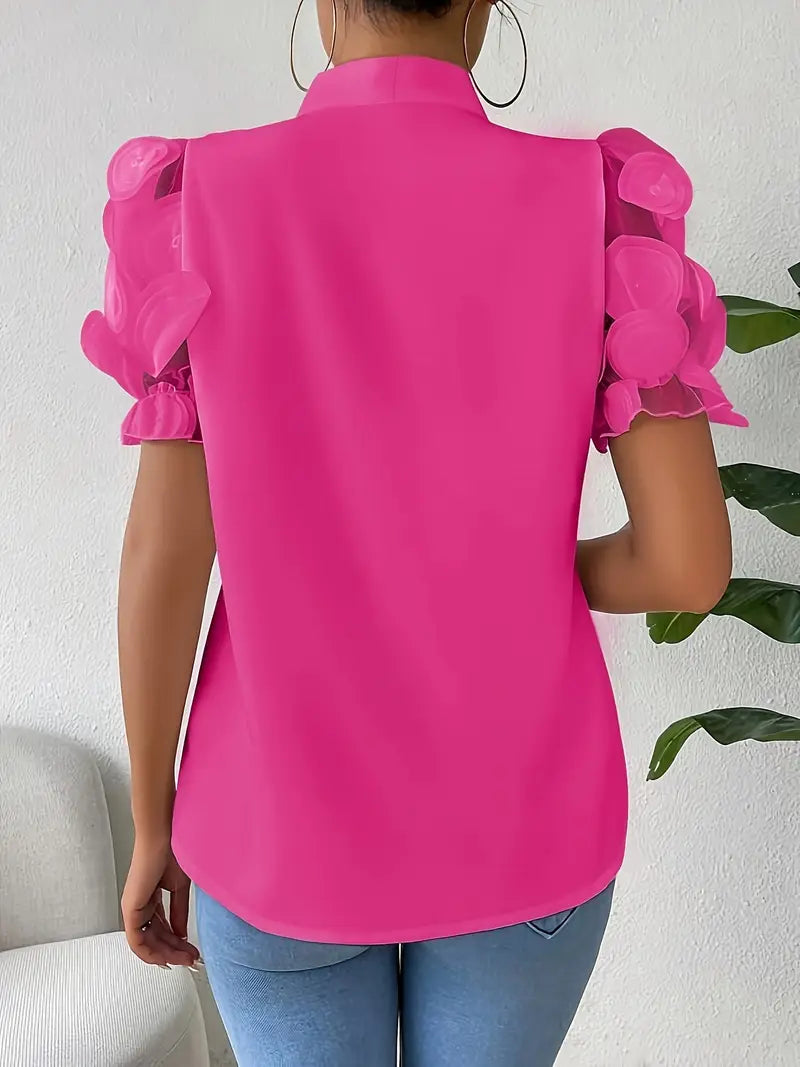 Curvyz | Elegante Blouse met Strikdetail en Netstof Mouwen – Chic & Vrouwelijk